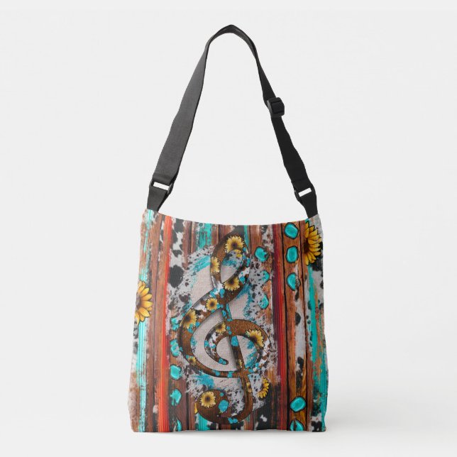 Country Sunflowers Turquoise Stone Wood Clef Note  Crossbody Bag (Front)