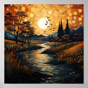 Country Sunset with Birds and Stream Poster
