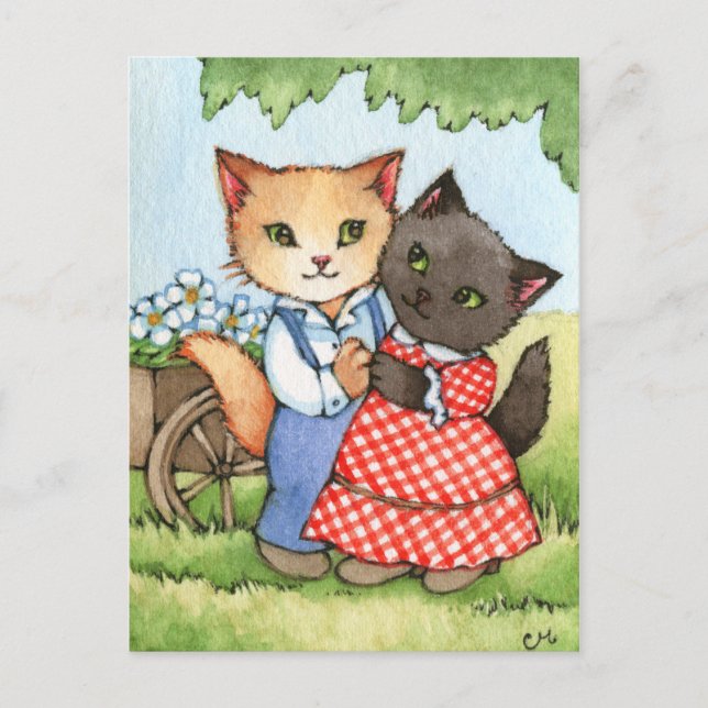 Country Sweethearts - Cute Cat Couple Art Postcard (Front)