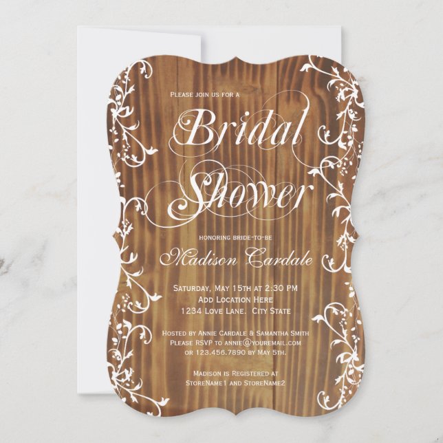 Country Swirls Rustic Wood Bridal Shower Invites (Front)