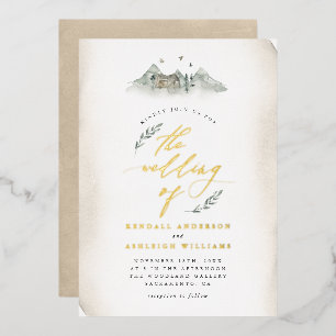Country Tan Watercolor Leaves & Mountain Wedding
