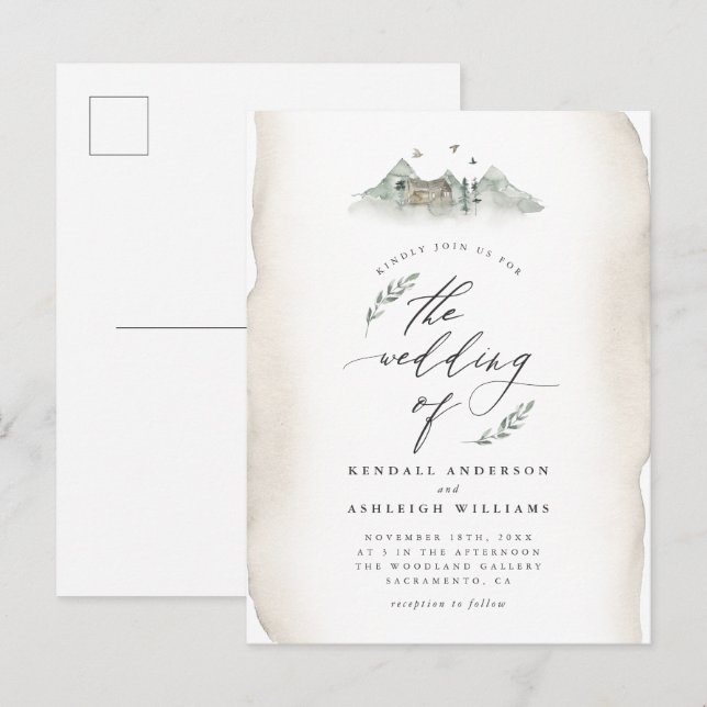 Country Tan Watercolor Leaves & Mountain Wedding Invitation Postcard (Front/Back)