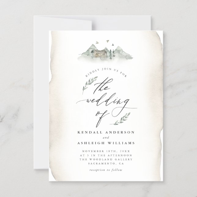 Country Tan Watercolor Leaves & Mountain Wedding Magnetic Invitation (Front)
