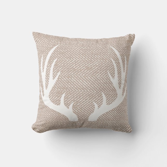 Country Taupe Herringbone White Deer Antlers Cushion (Front)