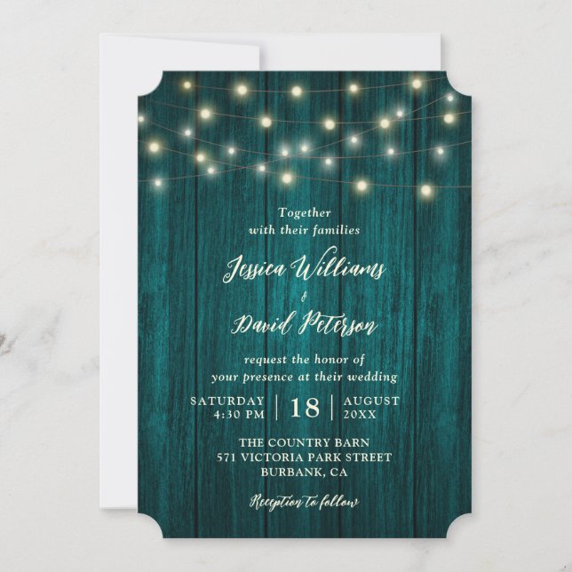 Country Teal Barn Wood String Lights Wedding Invitation (Front)