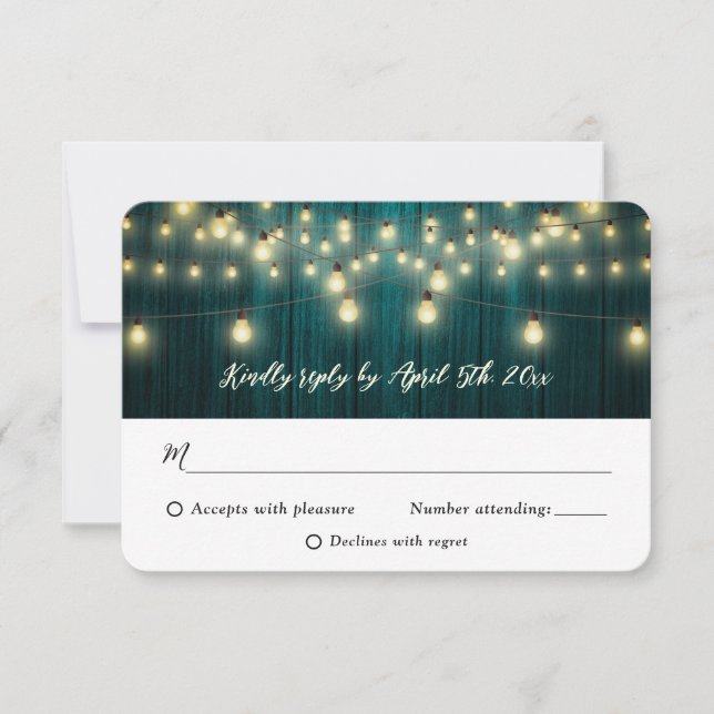 Country Teal Barn Wood String Lights Wedding RSVP Card (Front)