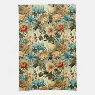 Country Teal Pumpkin Floral Vintage Tea Towel