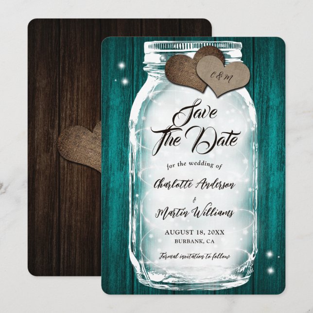 Country Teal Wood Hearts Lights Mason Jar Wedding Save The Date (Front/Back)