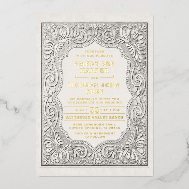 Country Tooled Leather Western Gold Rustic Wedding (Front)