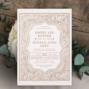 Country Tooled Leather Western Rose Cowboy Wedding Invitation