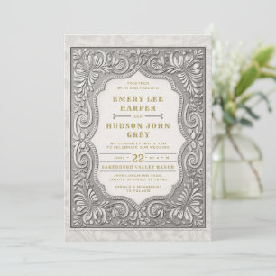 Country Tooled Leather Western Rugged Barn Wedding Invitation