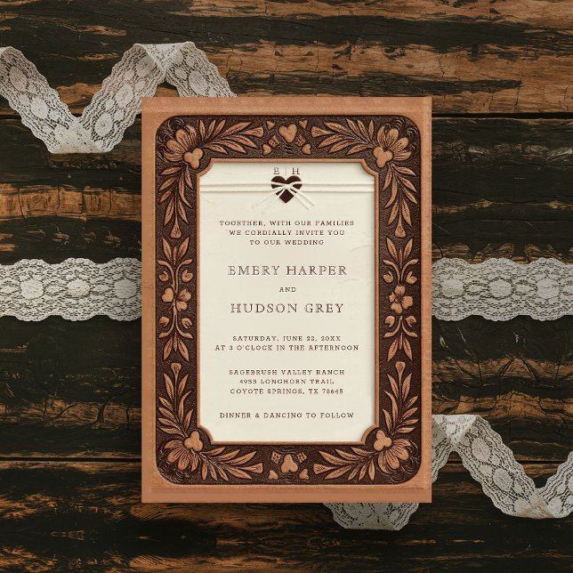 Country Tooled Leather Western Sweethearts Wedding Invitation (rustic country wedding invitation western cowboy tooled leather sweethearts elegant barn ranch)