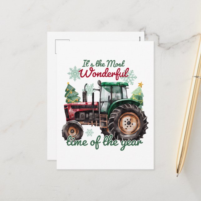 Country tractor watercolor Christmas Holiday Postcard (Front/Back In Situ)