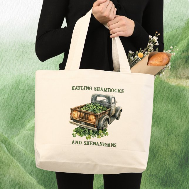 Country Truck Hauling Shamrocks and Shenanigans  Large Tote Bag (Creator Uploaded)