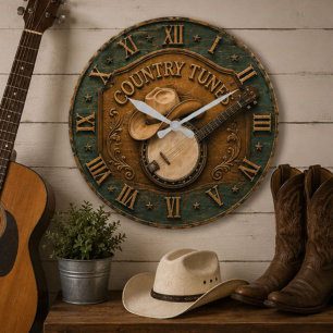 Country Tunes Banjo & Cowboy Hat Farmhouse Decor Large Clock