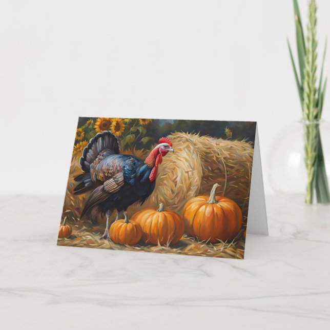 Country Turkey with Pumpkins and Hay Thanksgiving  Holiday Card (Front)