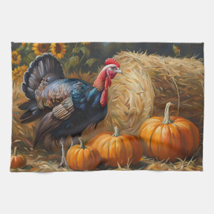 Country Turkey with Pumpkins and Hay Thanksgiving Tea Towel