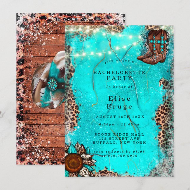Country Turquoise Cowboy Boots Bachelorette Party Invitation (Front/Back)