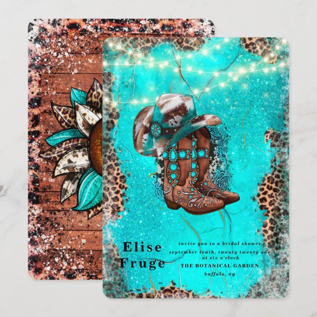 Country Turquoise Cowboy Boots Bridal Shower Invitation (Front/Back)