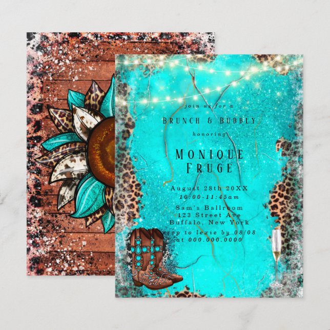 Country Turquoise Cowboy Boots Brunch & Bubbly Invitation (Front/Back)
