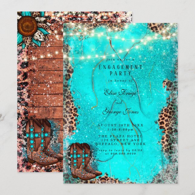 Country Turquoise Cowboy Boots Engagement Party Invitation (Front/Back)