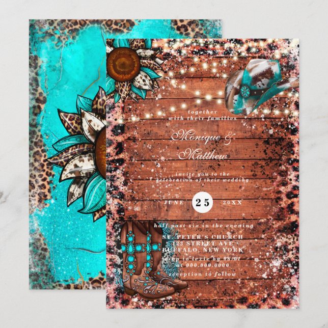 Country Turquoise Lights Wood Boots Wedding Invitation (Front/Back)