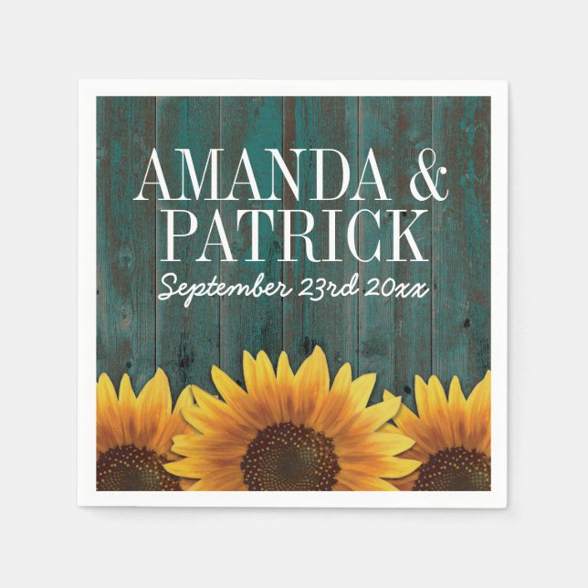 Country Turquoise Wood + Rustic Sunflower Wedding Napkin (Front)