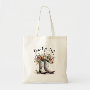 Country Vibes Western Boots and Flowers Watercolor Tote Bag