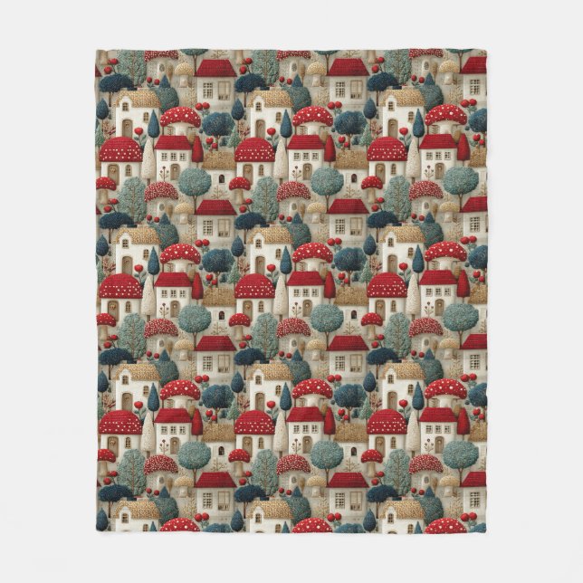Country Village Christmas Houses with Red Roofs, Fleece Blanket (Front)