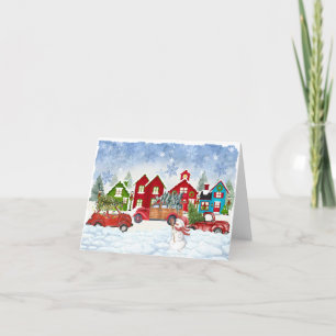 Country Village Retro Red Car Christmas Note Cards