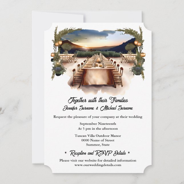 Country vineyard watercolor dining wedding arch invitation (Front)