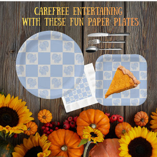 Country Vintage Blue White Thanksgiving Turkeys Paper Plate