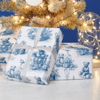 Country Vintage Christmas Toile de Jouy Blue Wrapping Paper