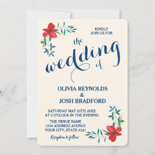 Country Vintage Floral Watercolor Navy Red Wedding Invitation