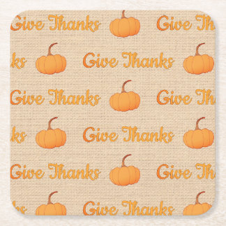 Country Vintage Give Thanks Pumpkins Square Paper Coaster