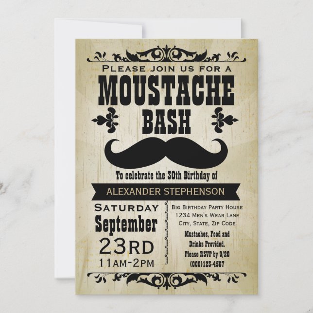 Country Vintage Moustache Bash Birthday Party Invitation (Front)