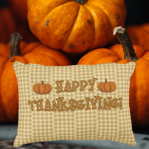 Country Vintage Neutral Check Thanksgiving Pumpkin Decorative Cushion