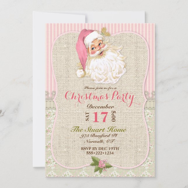 Country Vintage Santa Claus Pink Burlap Lace Invitation (Front)