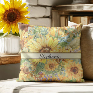 Country Vintage Style Watercolor Sunflowers Cushion