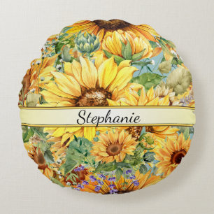 Country Vintage Style Watercolor Sunflowers Round Cushion
