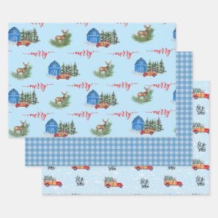 Country Vintage Truck, Barn, Deer & Buffalo Plaid Wrapping Paper Sheet