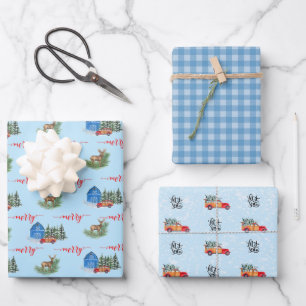 Country Vintage Truck, Barn, Deer & Buffalo Plaid Wrapping Paper Sheet