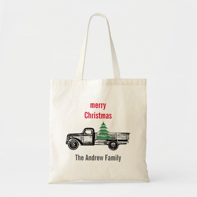 Country Vintage Truck Merry Christmas Tree  Tote Bag (Front)
