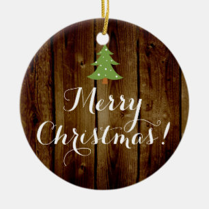 Country Vintage Wood Brown Green Merry Christmas Ceramic Tree Decoration