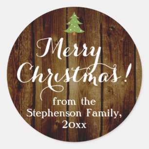 Country Vintage Wood Merry Christmas Personalised Classic Round Sticker
