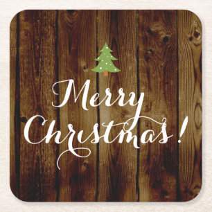 Country Vintage Wood Merry Christmas Square Paper Coaster