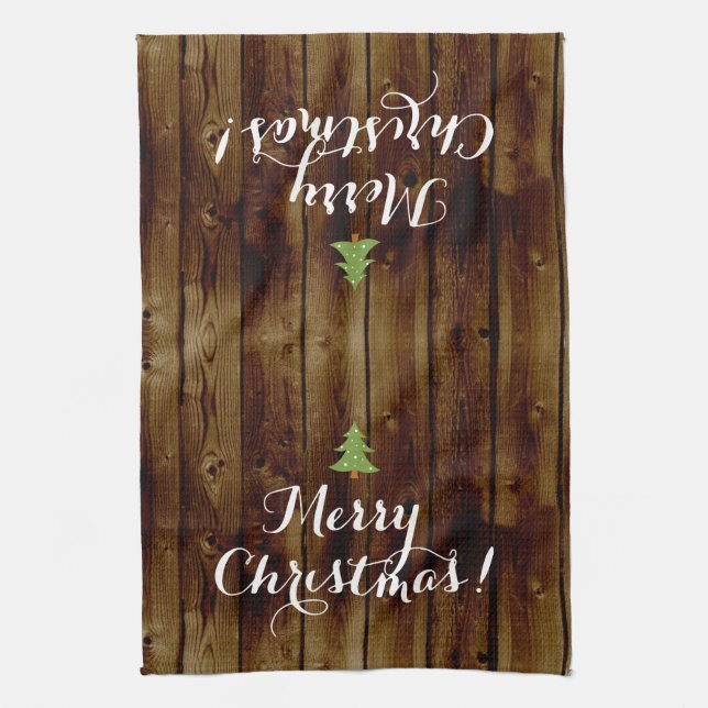 Country Vintage Wood Merry Christmas Tea Towel (Vertical)