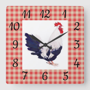 Country Wall Clock with Red Checks and Rooster