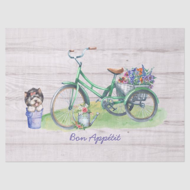 Country Watercolor Bicycle, Flowers & Cute Yorkie Tissue Paper (Front)
