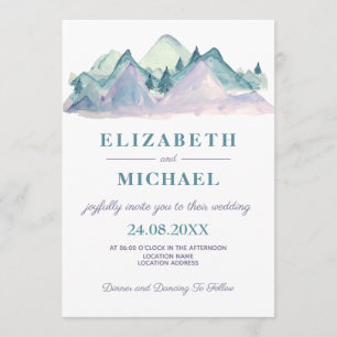 Country Watercolor Blue Mountain Photo Wedding Invitation